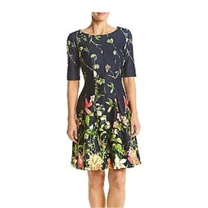 Gabby Skye Floral Blue Fit and Flare Skater Short Sleeve Dress